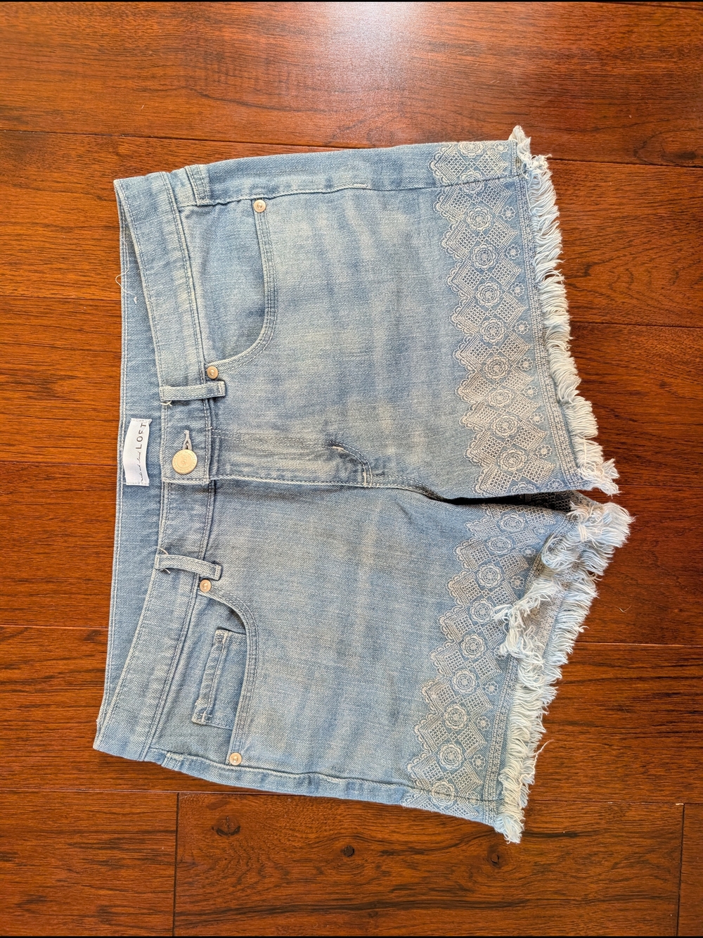 LOFT Light Blue Denim Shorts with Embroidered Fringe Trim